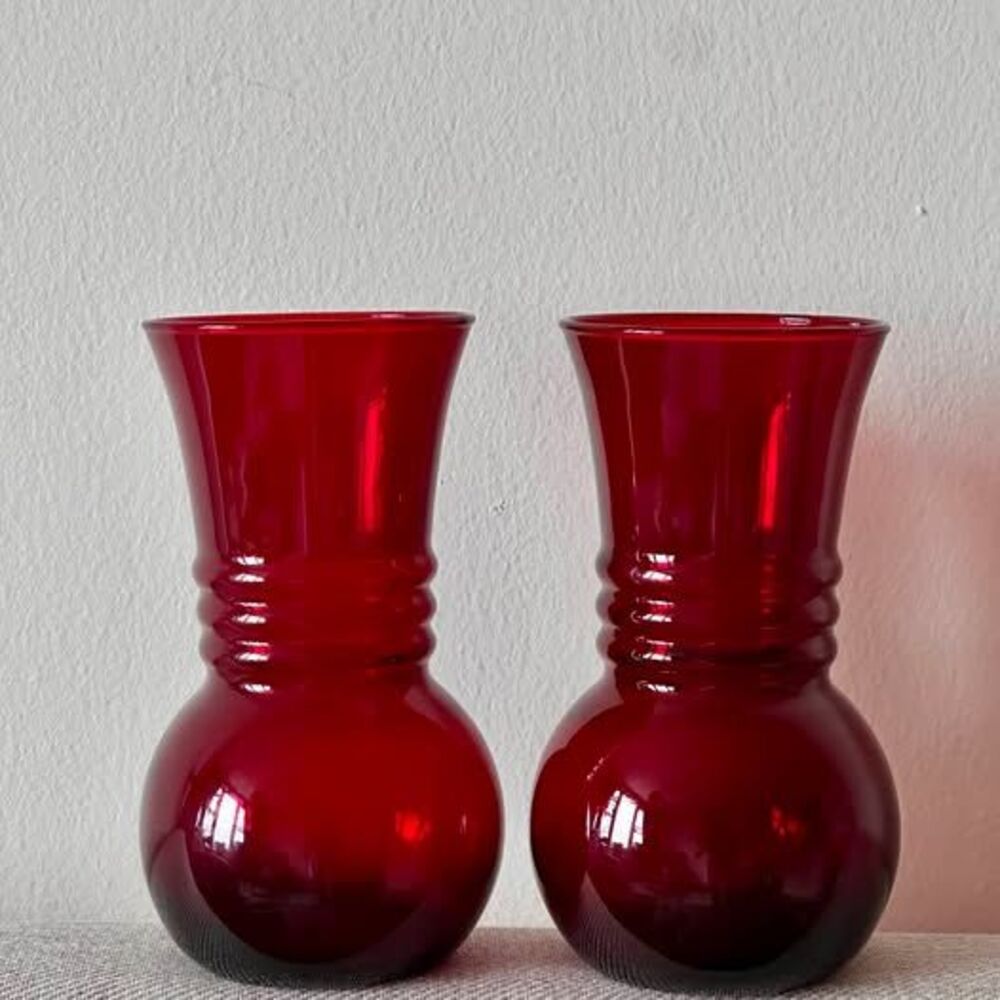 Pair of Vintage Royal Ruby Red Glass Vases β Bulbous Ribbed Design, Mid-Century